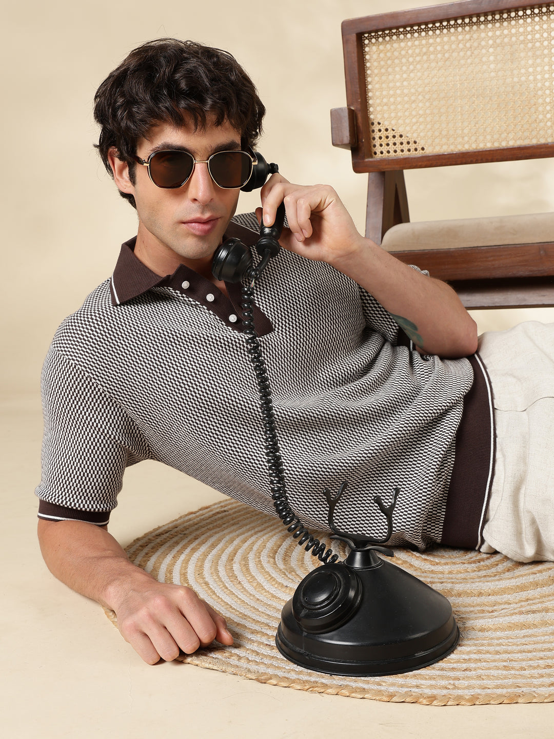 Brown Check Slim Fit Flat Knit T-Shirt