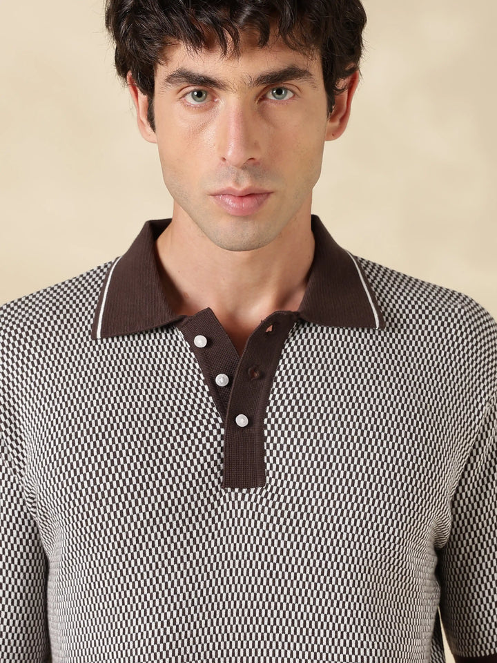 Brown Check Slim Fit Flat Knit T-Shirt