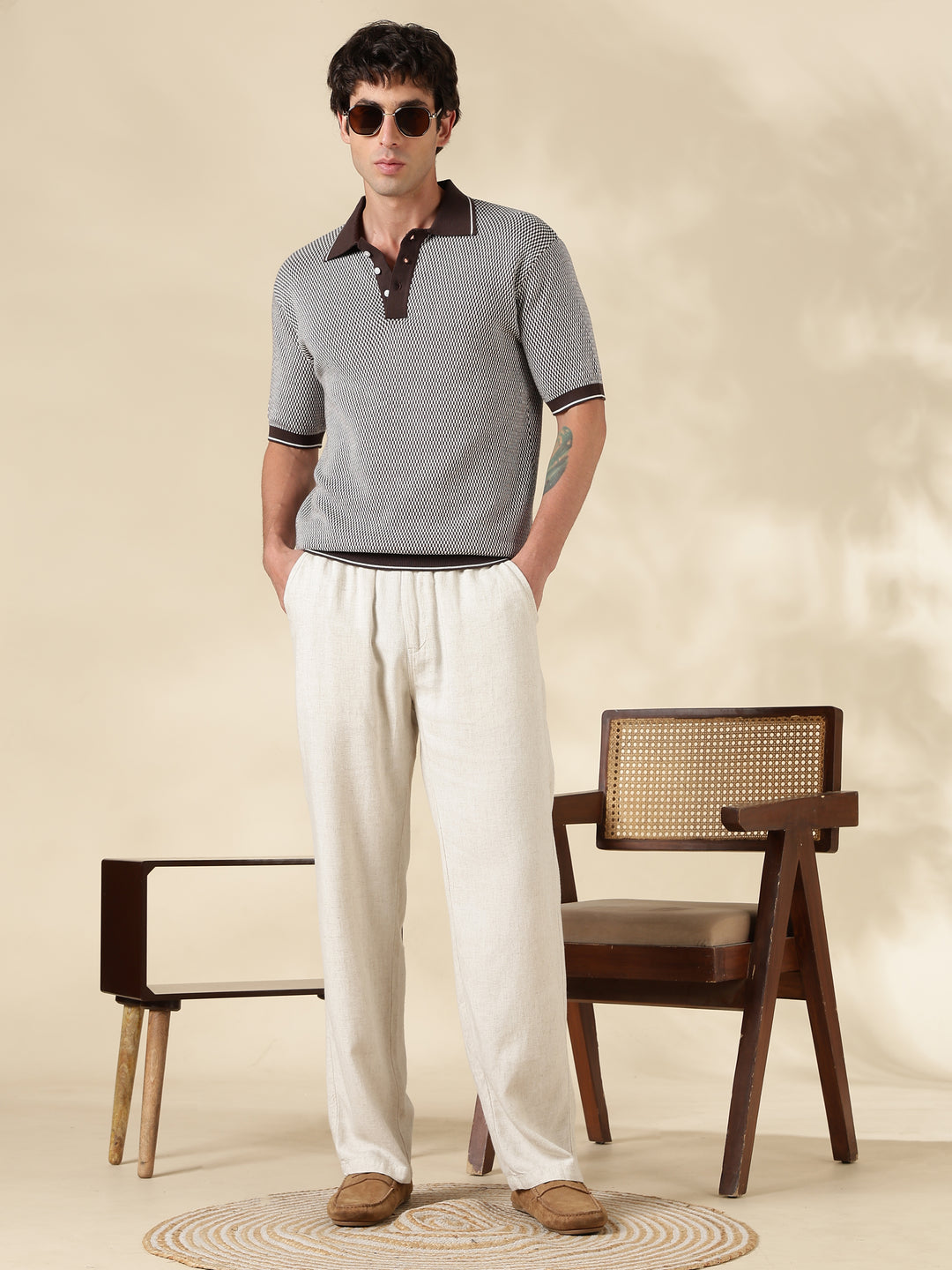 Brown Check Slim Fit Flat Knit T-Shirt