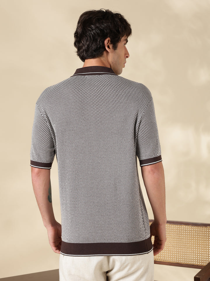 Brown Check Slim Fit Flat Knit T-Shirt