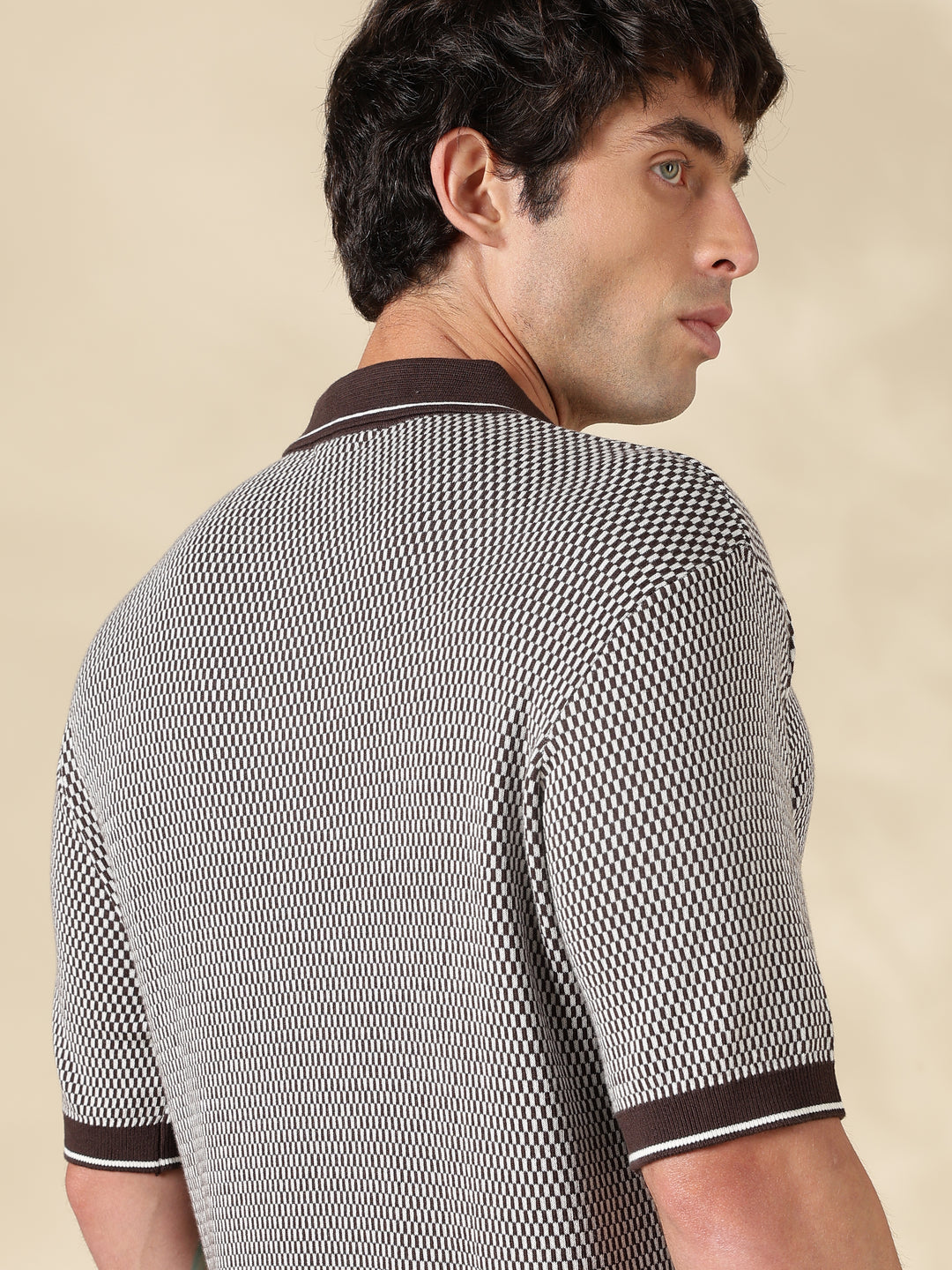Brown Check Slim Fit Flat Knit T-Shirt