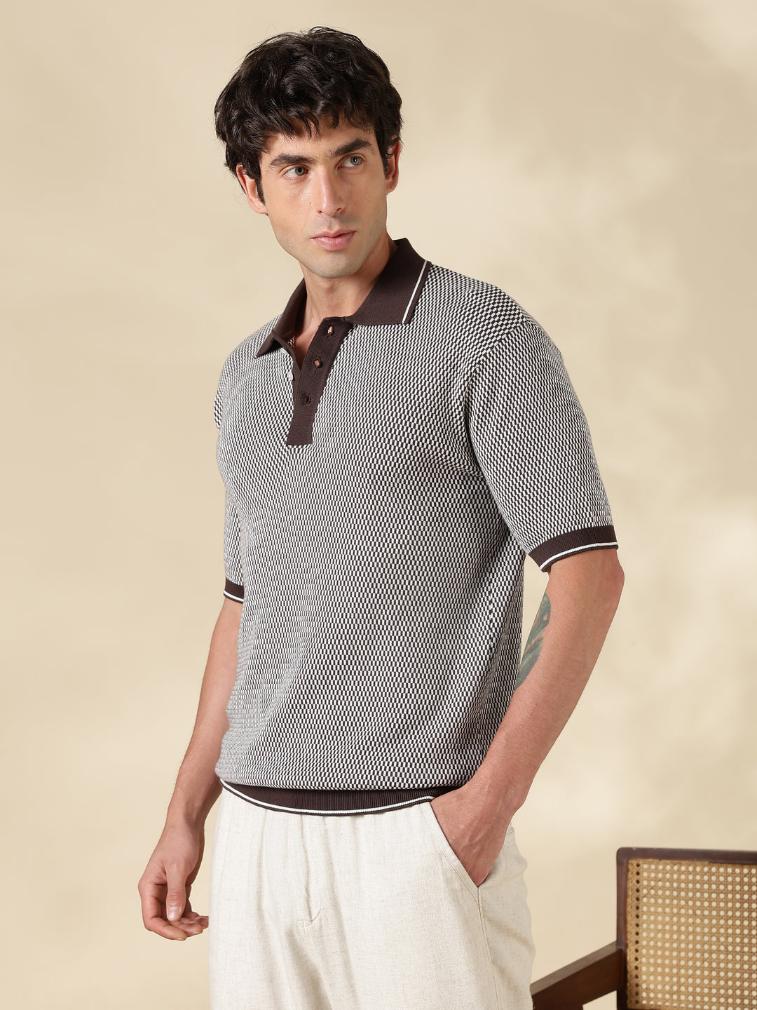 Brown Check Slim Fit Flat Knit T-Shirt