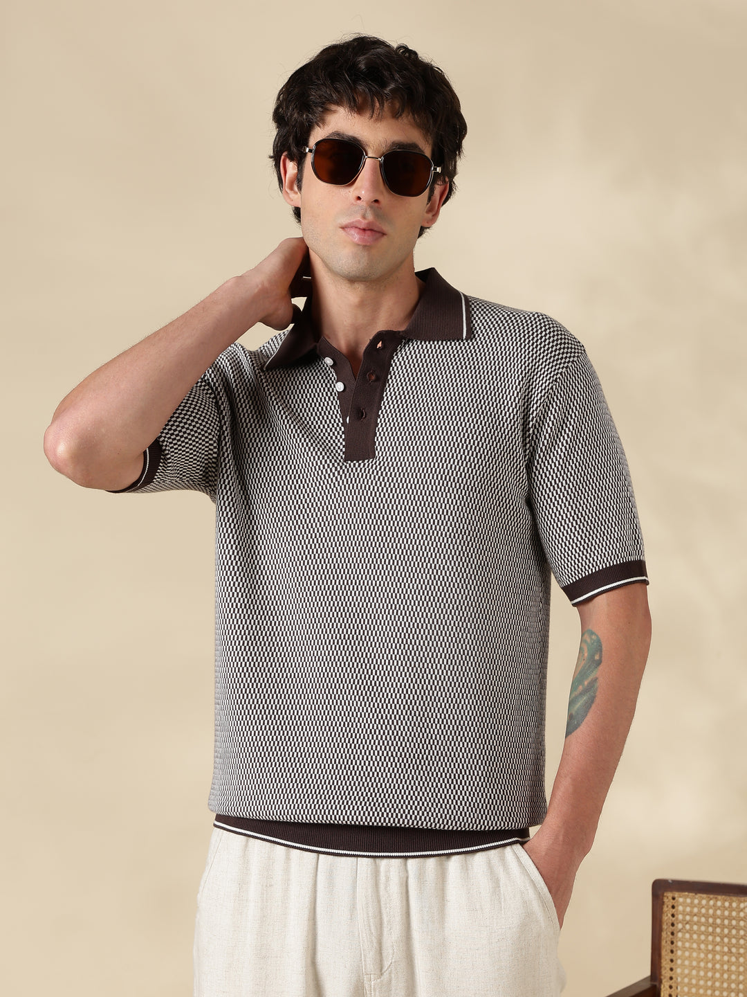 Brown Check Slim Fit Flat Knit T-Shirt