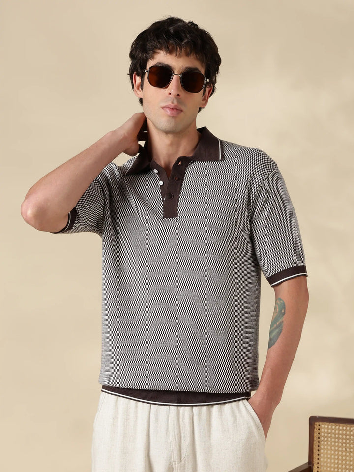 Brown Check Slim Fit Flat Knit T-Shirt