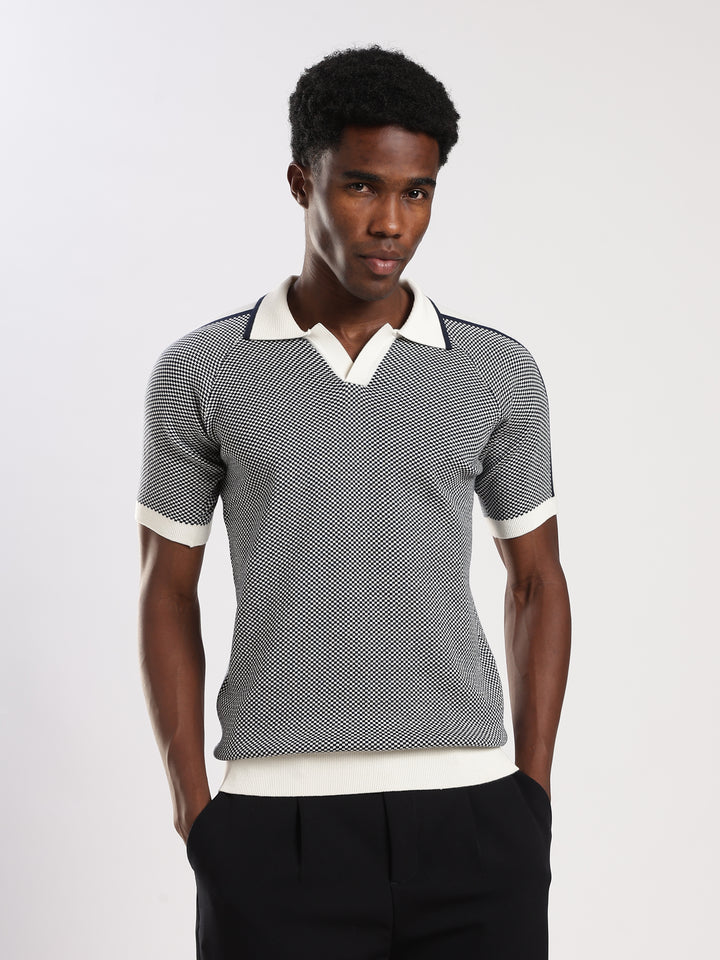 Blue Check Slim Fit Flat Knit T-Shirt