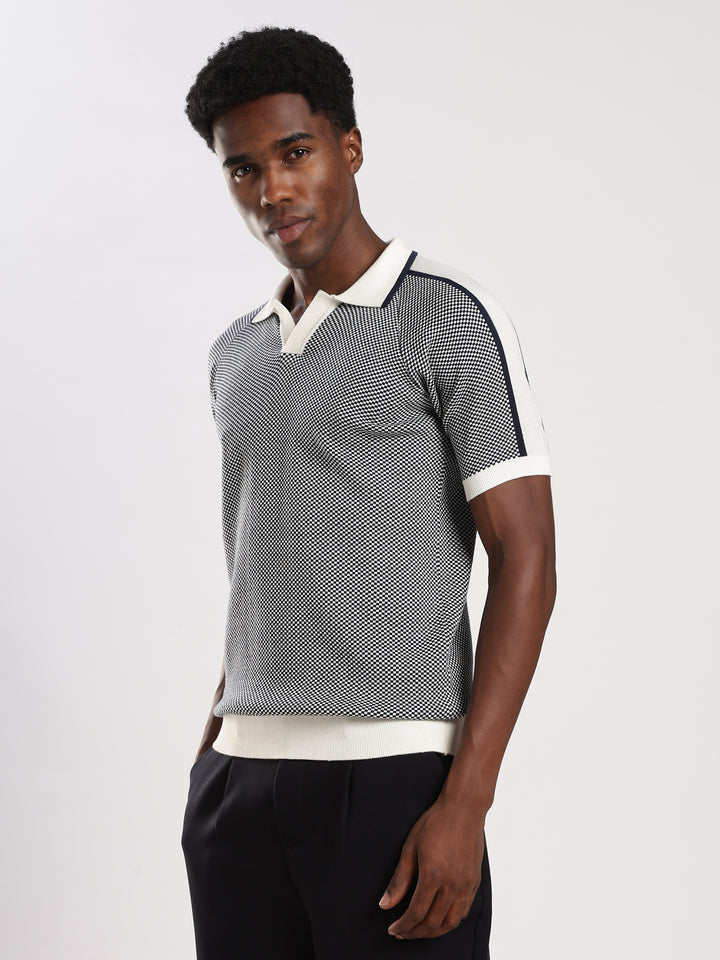 Blue Check Slim Fit Flat Knit T-Shirt