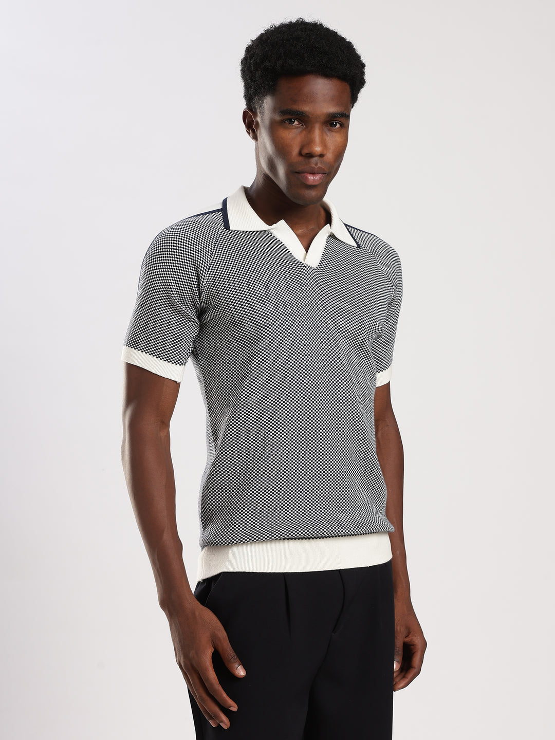 Blue Check Slim Fit Flat Knit T-Shirt