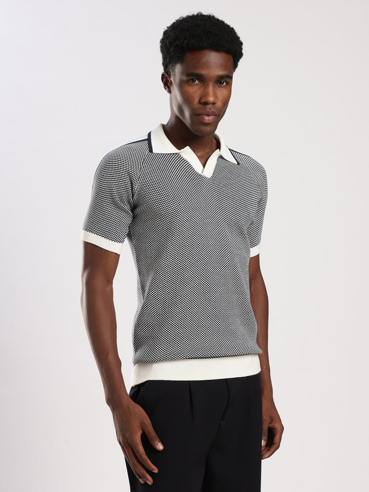 Blue Check Slim Fit Flat Knit T-Shirt