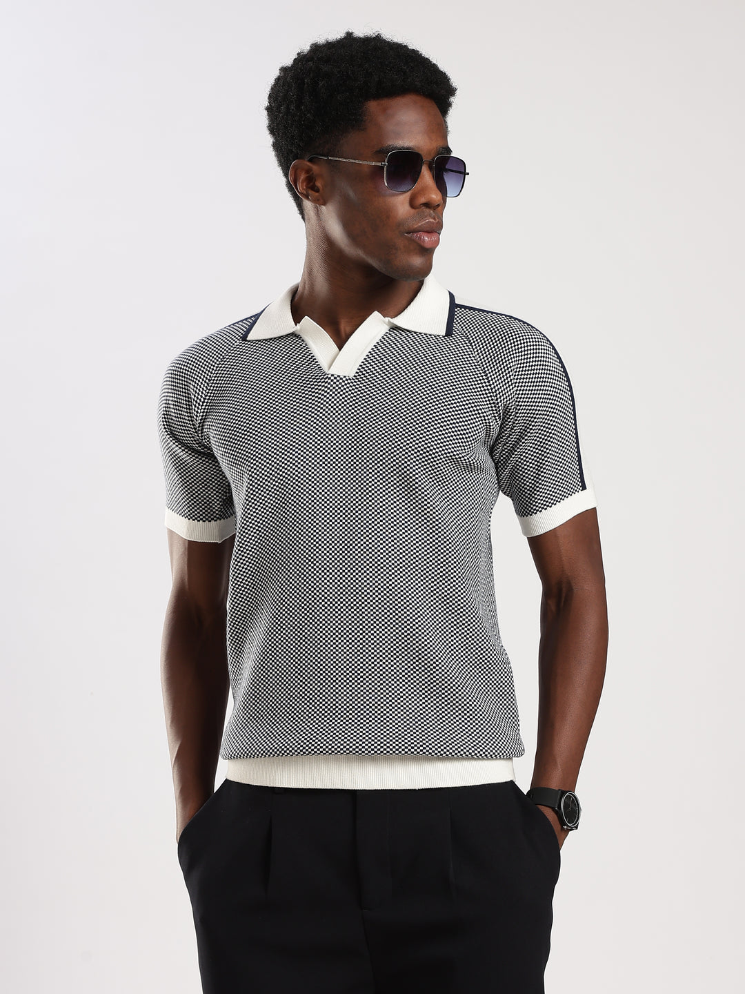 Blue Check Slim Fit Flat Knit T-Shirt