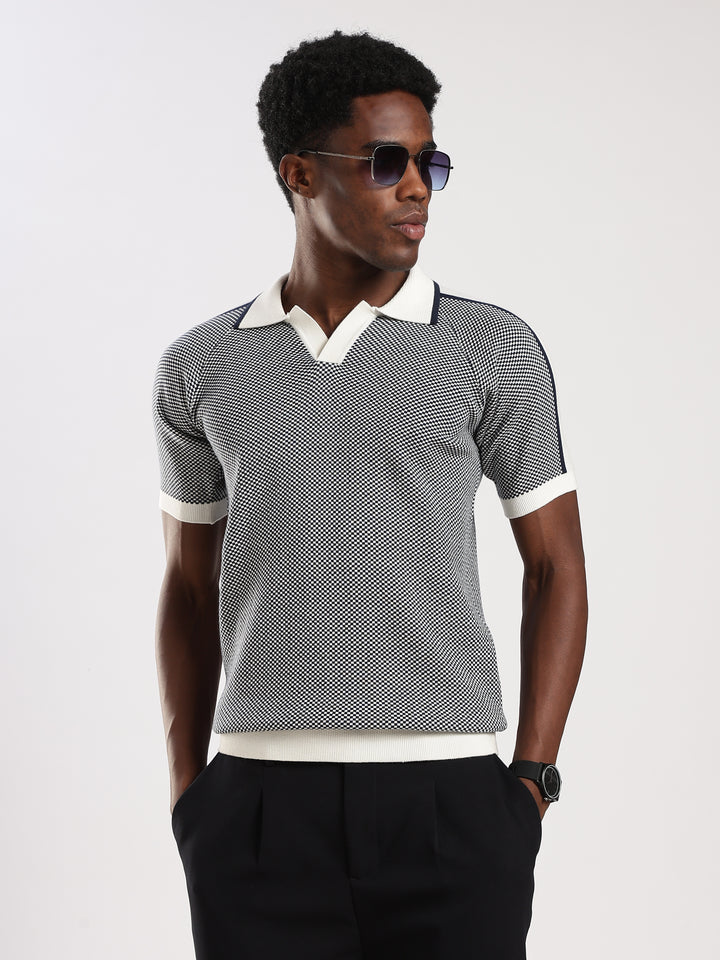 Blue Check Slim Fit Flat Knit T-Shirt