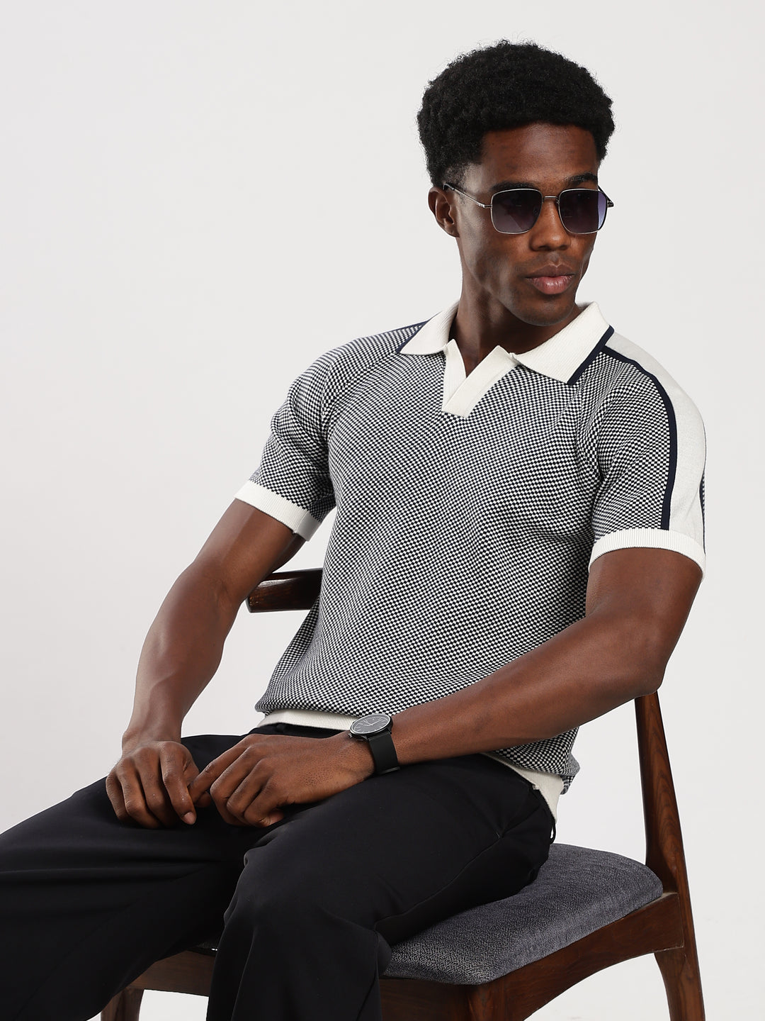 Blue Check Slim Fit Flat Knit T-Shirt