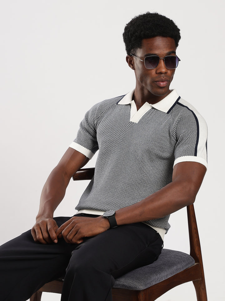 Blue Check Slim Fit Flat Knit T-Shirt
