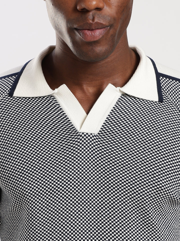 Blue Check Slim Fit Flat Knit T-Shirt