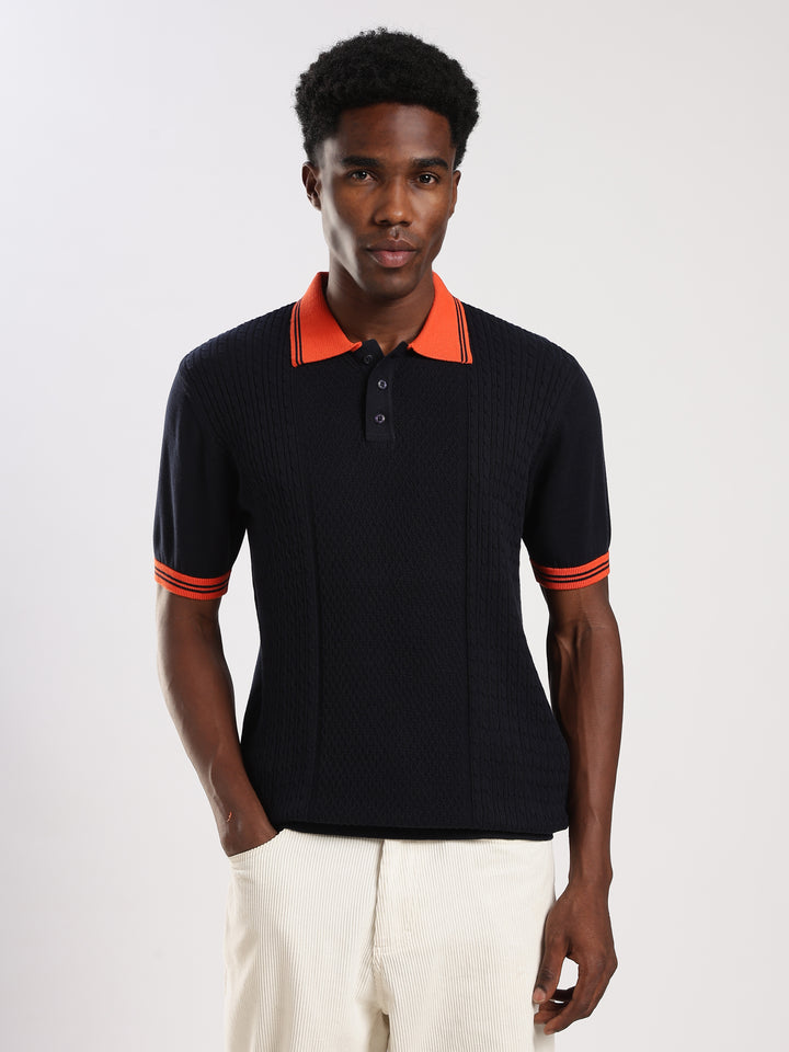 Navy Solid Polo Collar Flat Knit T-Shirt