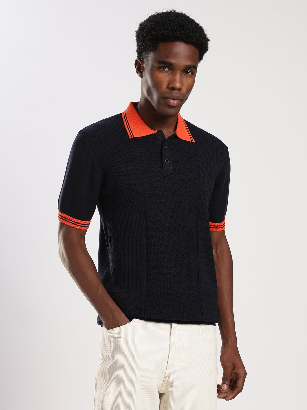 Navy Solid Polo Collar Flat Knit T-Shirt