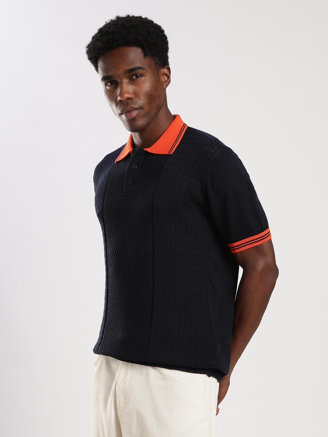 Navy Solid Polo Collar Flat Knit T-Shirt
