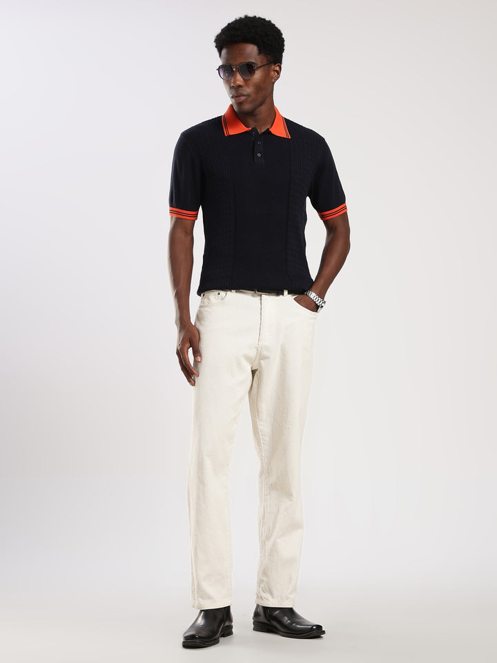 Navy Solid Polo Collar Flat Knit T-Shirt