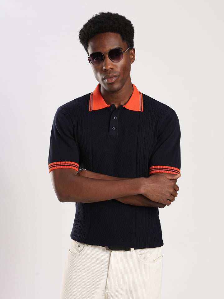 Navy Solid Polo Collar Flat Knit T-Shirt