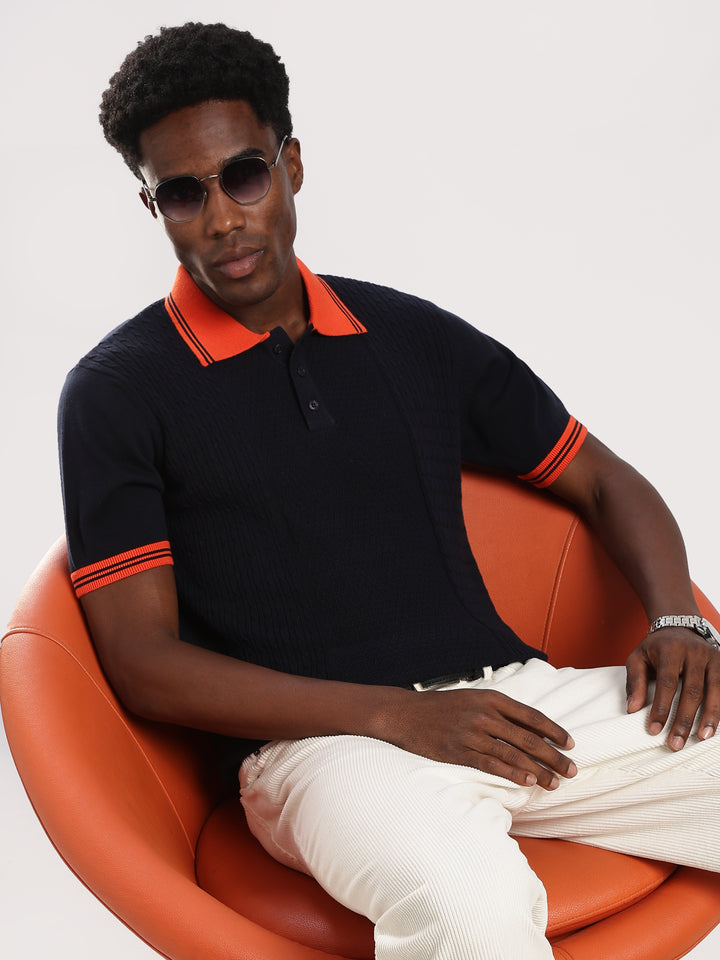 Navy Solid Polo Collar Flat Knit T-Shirt