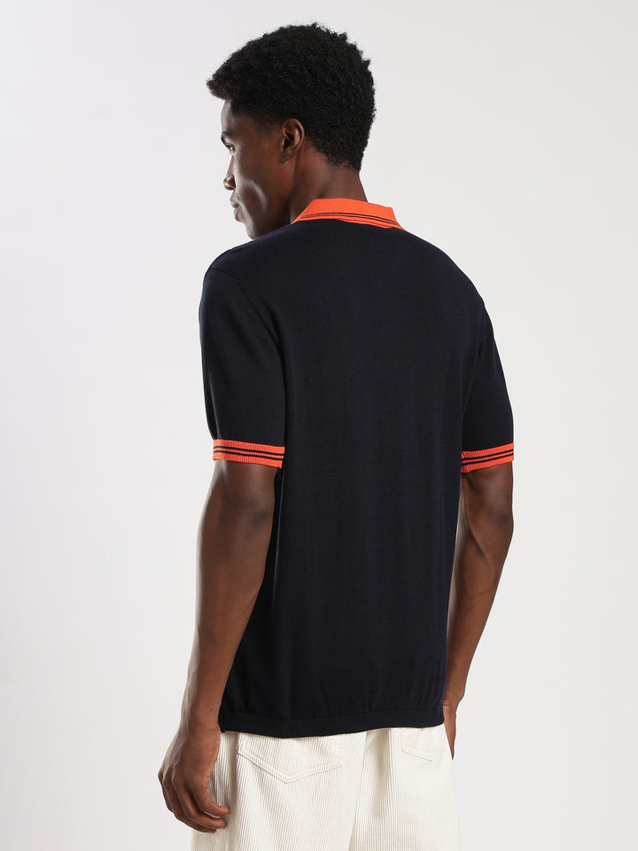 Navy Solid Polo Collar Flat Knit T-Shirt