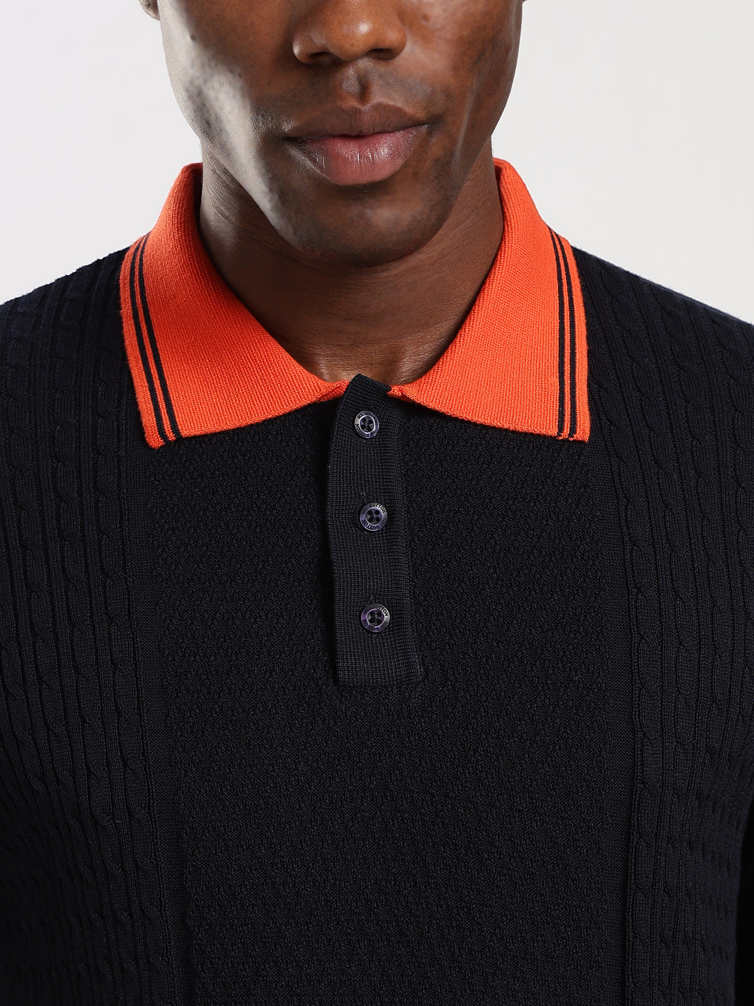 Navy Solid Polo Collar Flat Knit T-Shirt