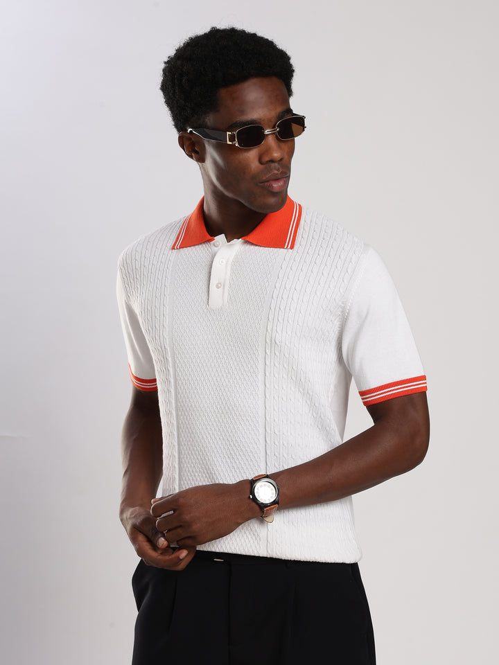 White Solid Regular Fit Polo Collar Flat Knit T-Shirt