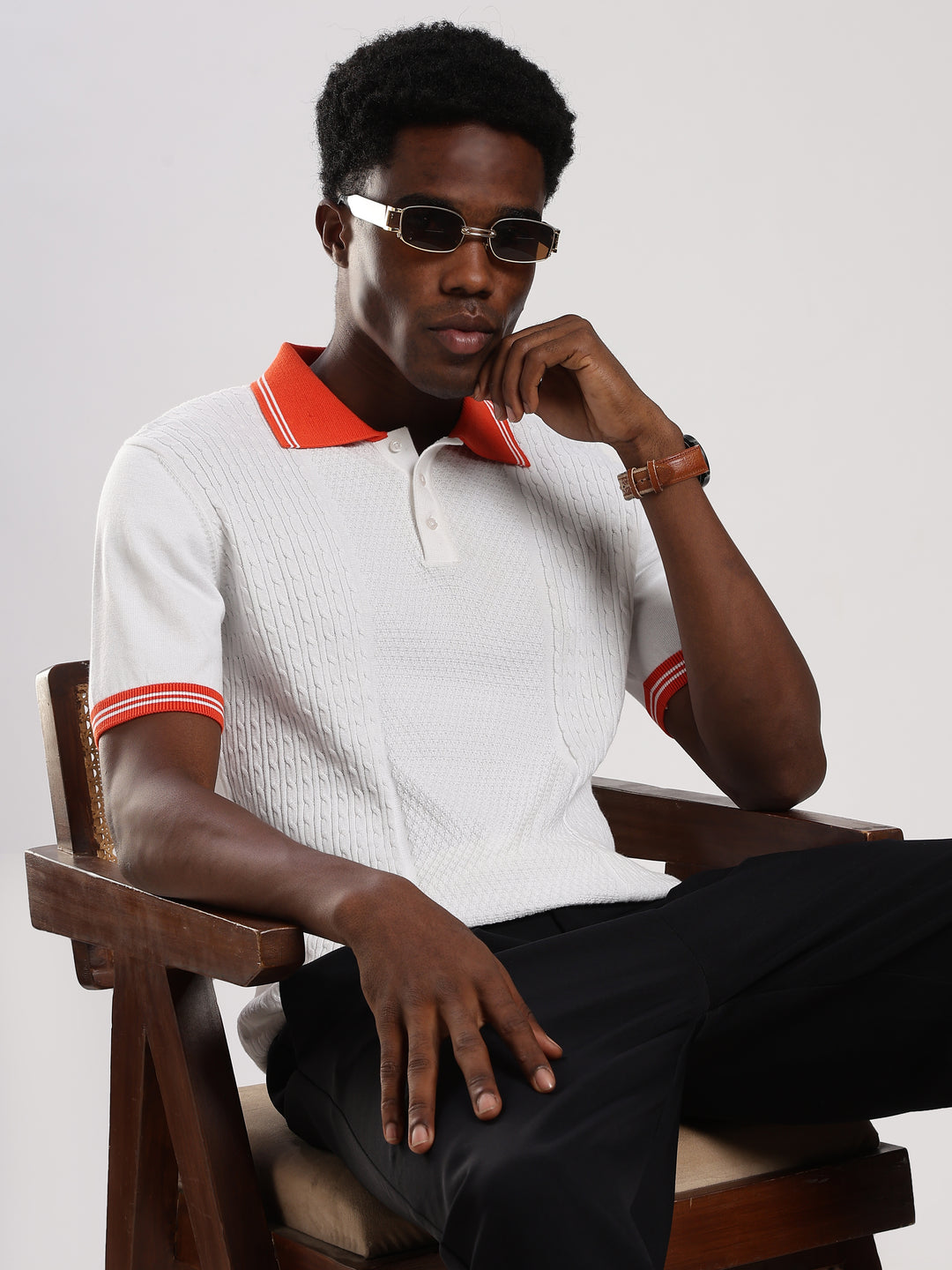 White Solid Regular Fit Polo Collar Flat Knit T-Shirt