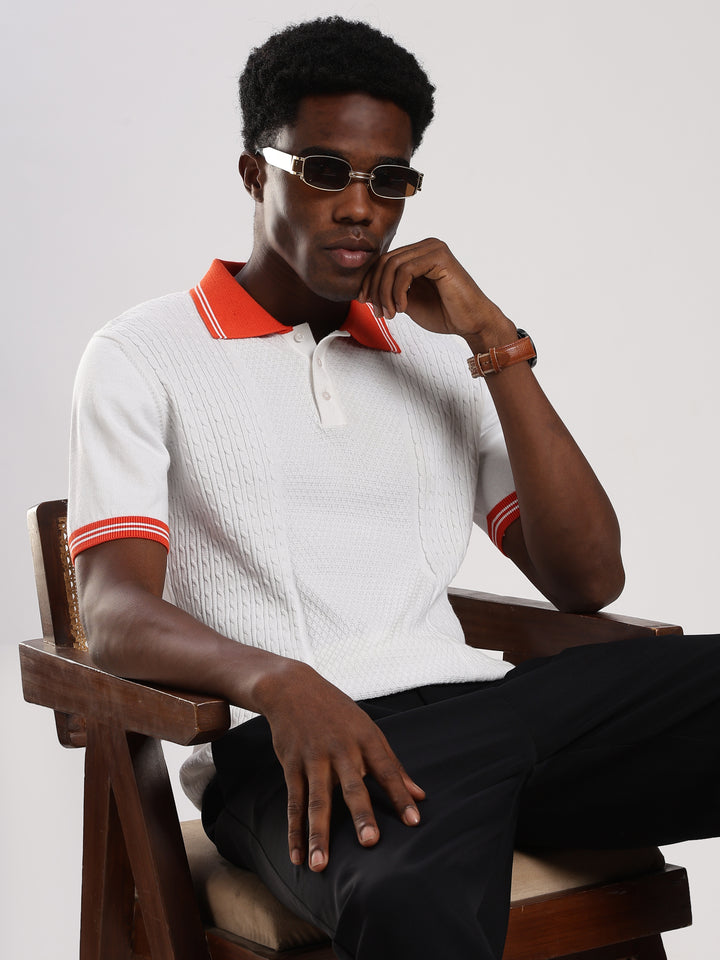 White Solid Regular Fit Polo Collar Flat Knit T-Shirt