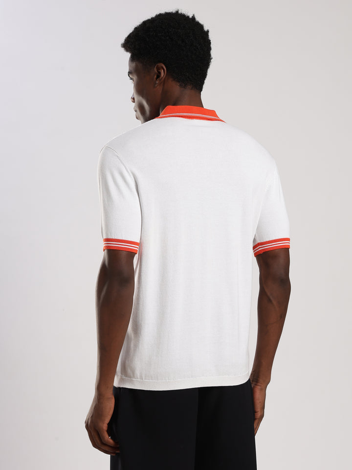 White Solid Regular Fit Polo Collar Flat Knit T-Shirt