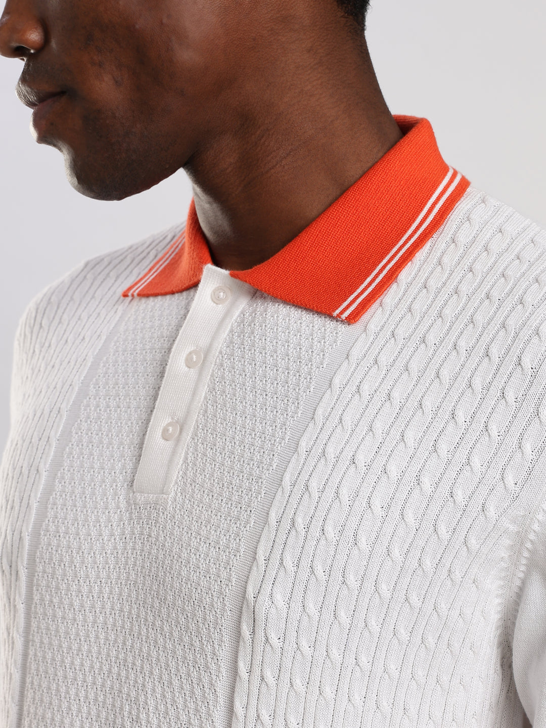 White Solid Regular Fit Polo Collar Flat Knit T-Shirt