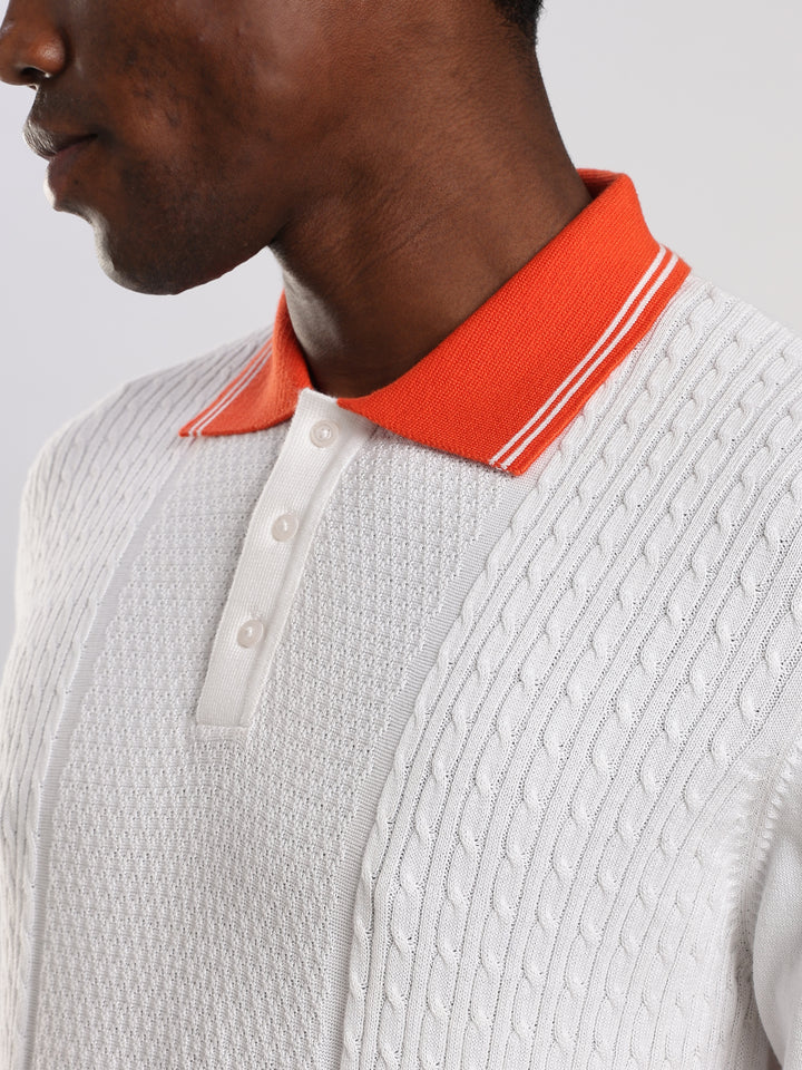 White Solid Regular Fit Polo Collar Flat Knit T-Shirt