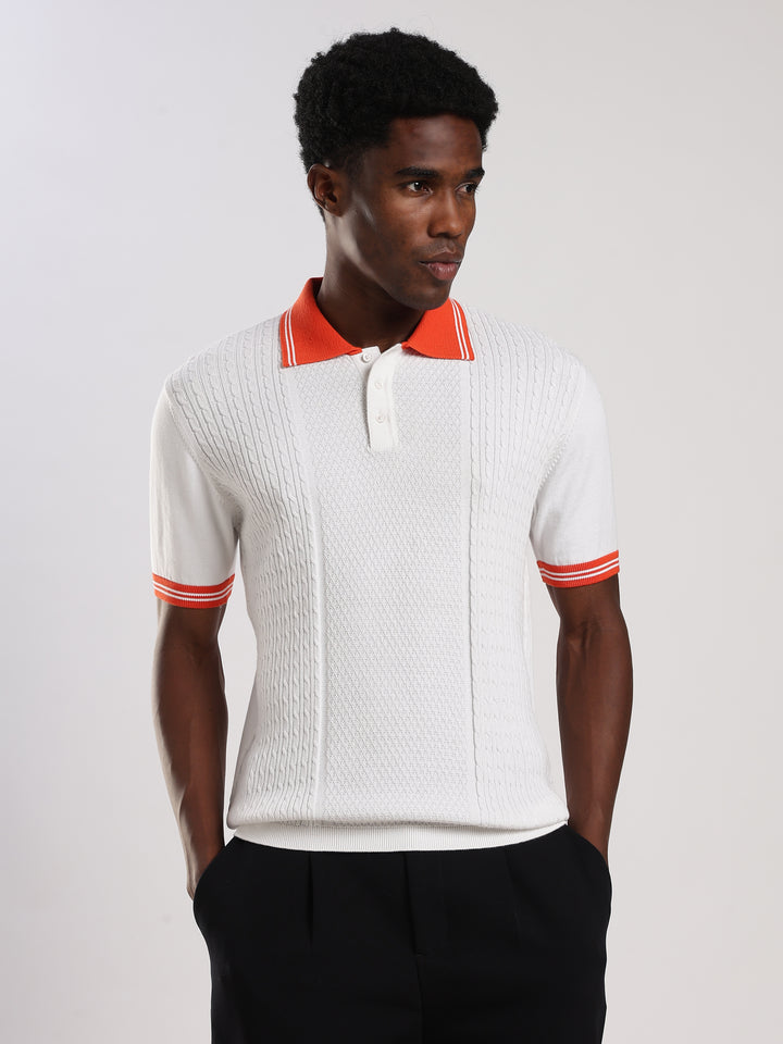 White Solid Regular Fit Polo Collar Flat Knit T-Shirt