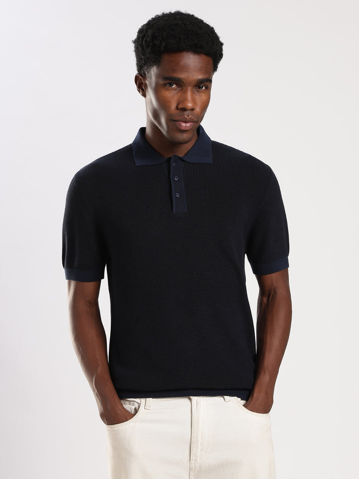 Navy Solid Regular Fit Polo Collar Flat Knit T-Shirt