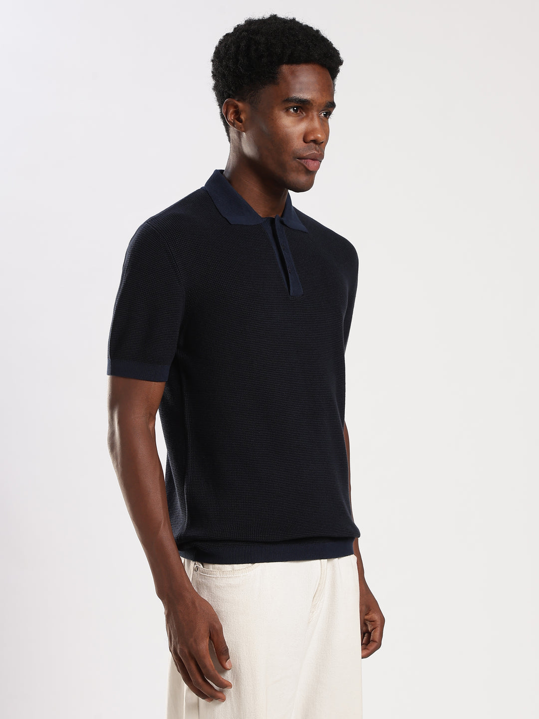 Navy Solid Regular Fit Polo Collar Flat Knit T-Shirt