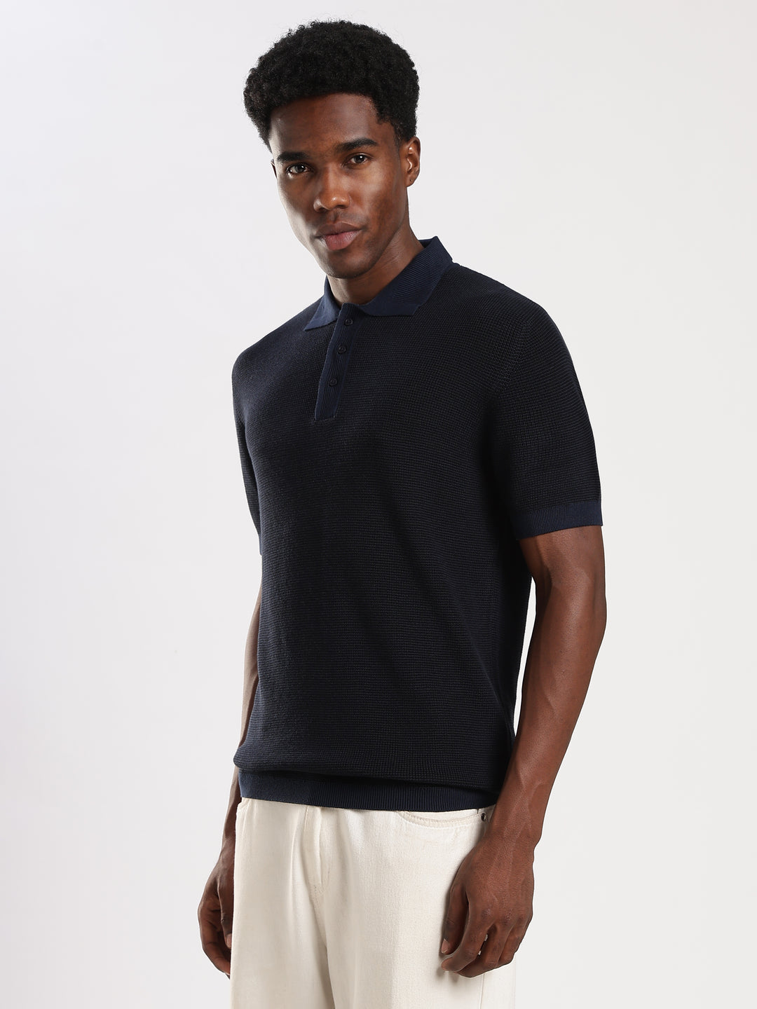 Navy Solid Regular Fit Polo Collar Flat Knit T-Shirt