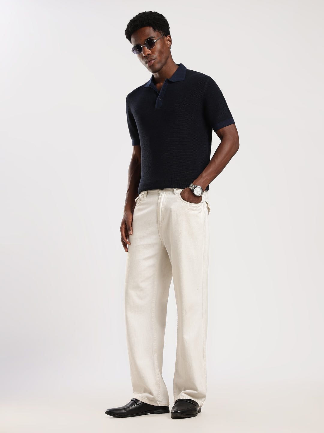Navy Solid Regular Fit Polo Collar Flat Knit T-Shirt