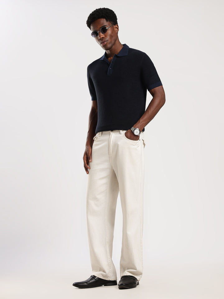 Navy Solid Regular Fit Polo Collar Flat Knit T-Shirt