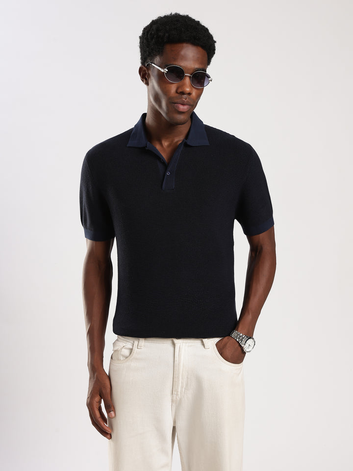 Navy Solid Regular Fit Polo Collar Flat Knit T-Shirt