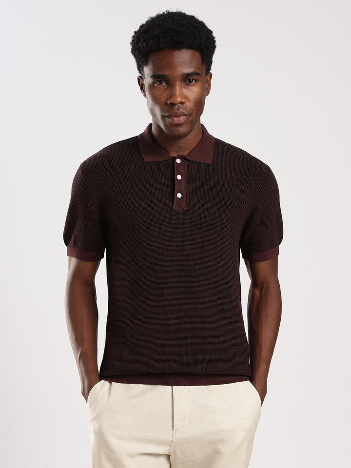Coffee Solid Regular Fit Polo Collar Flat Knit T-Shirt