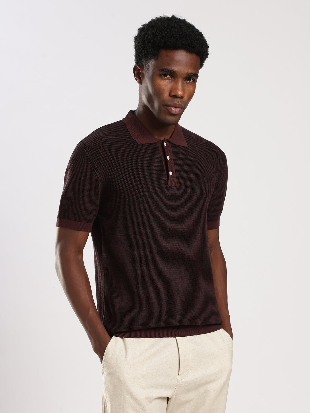 Coffee Solid Regular Fit Polo Collar Flat Knit T-Shirt
