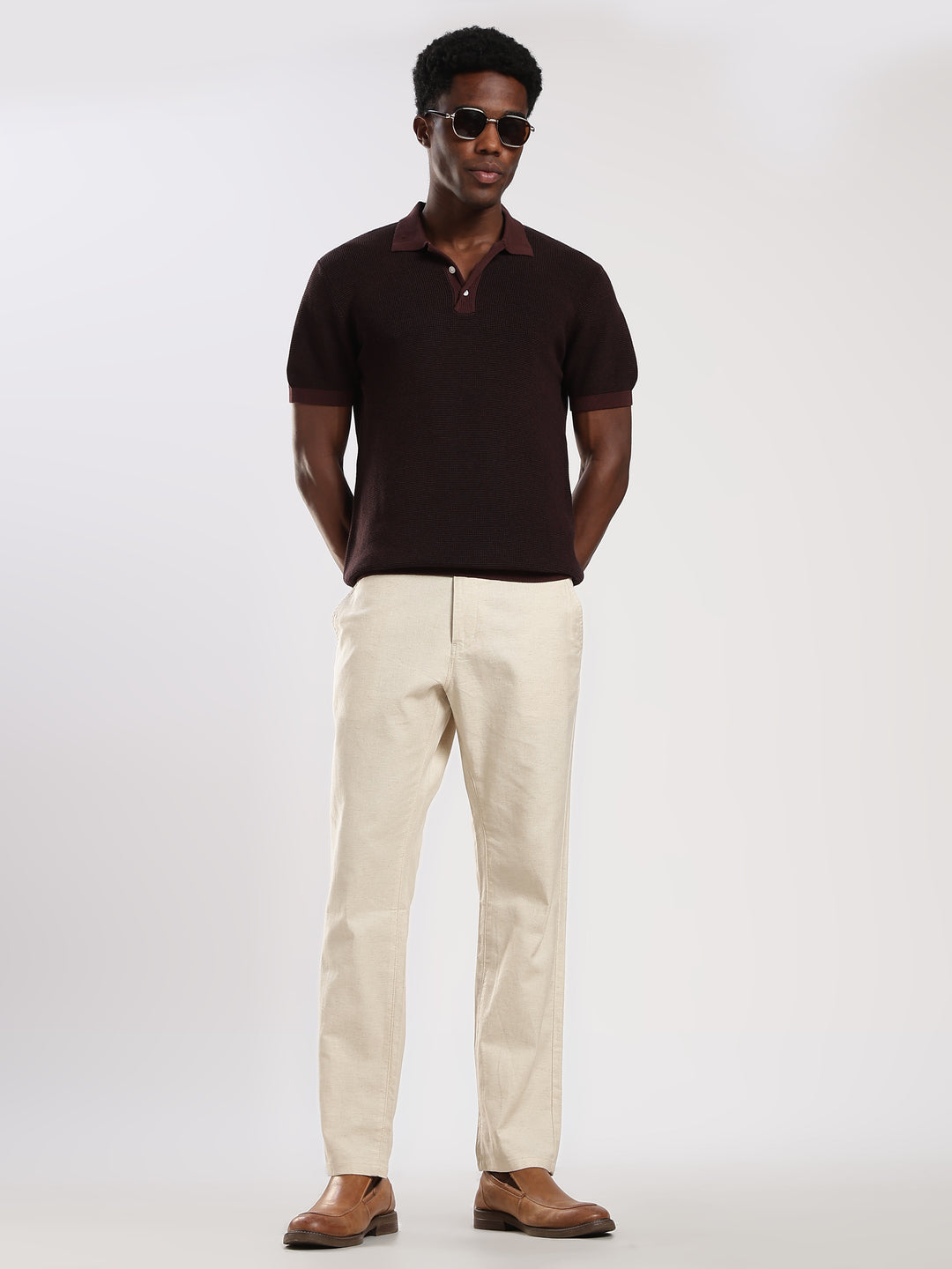 Coffee Solid Regular Fit Polo Collar Flat Knit T-Shirt
