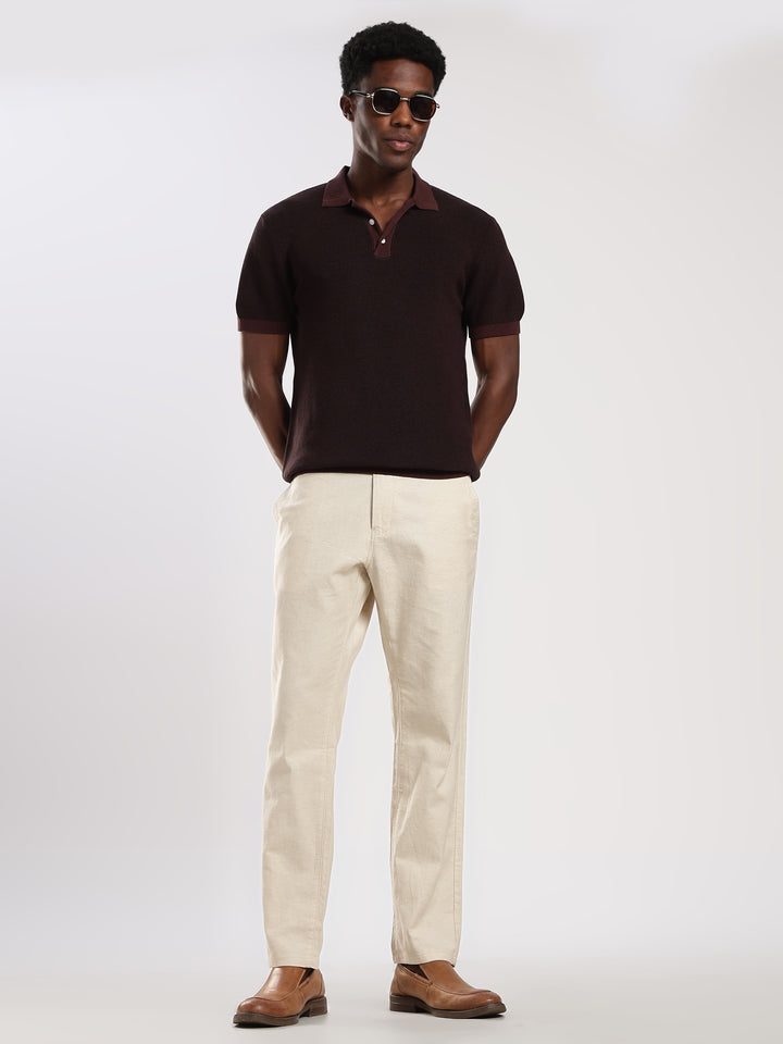 Coffee Solid Regular Fit Polo Collar Flat Knit T-Shirt