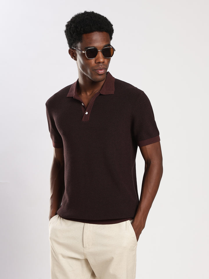 Coffee Solid Regular Fit Polo Collar Flat Knit T-Shirt