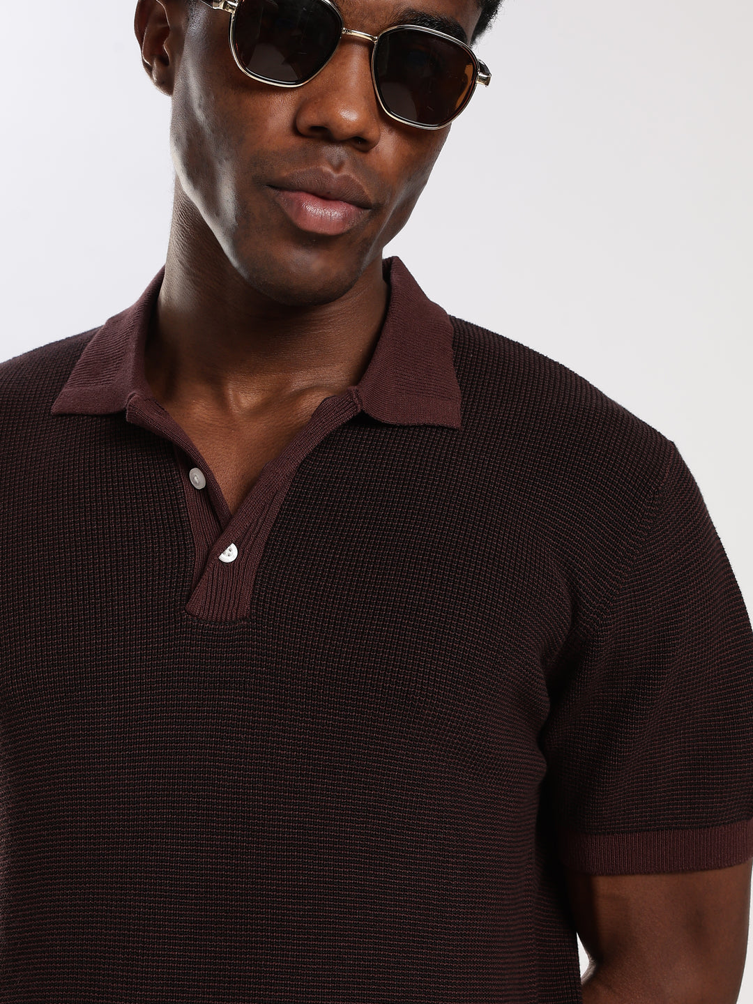 Coffee Solid Regular Fit Polo Collar Flat Knit T-Shirt