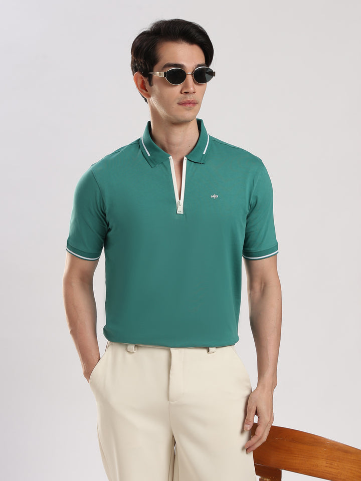 Teal Blue Solid  Half Sleeve Polo T-Shirt