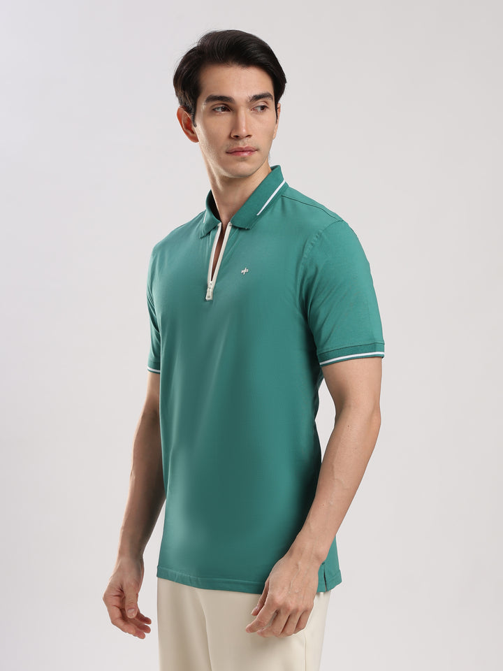 Teal Blue Solid  Half Sleeve Polo T-Shirt