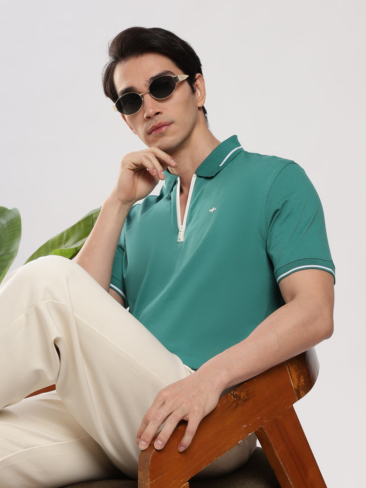 Teal Blue Solid  Half Sleeve Polo T-Shirt