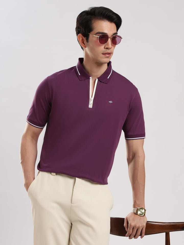 Purple Solid Half Sleeve Polo T-Shirt