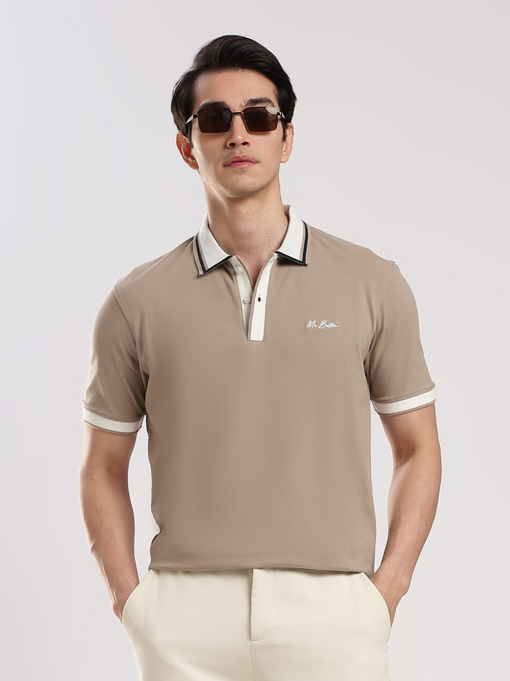 Beige Solid  Half Sleeve  Polo T-Shirt