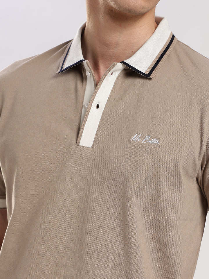 Beige Solid  Half Sleeve  Polo T-Shirt